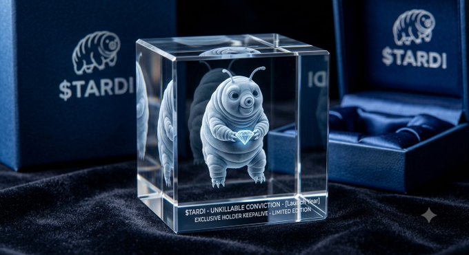 A crystal cube featuring a 3D engraved tardigrade holding a diamond, labeled '$TARDI - UNKILLABLE CONVICTION - [Launch Node] EXCLUSIVE HOLDER KEEPALIVE - LIMITED EDITION', displayed in front of branded packaging.