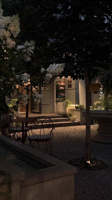 A dimly lit outdoor courtyard or garden area is illuminated by warm lights, featuring metal chairs around tables and lush greenery with white flowers.