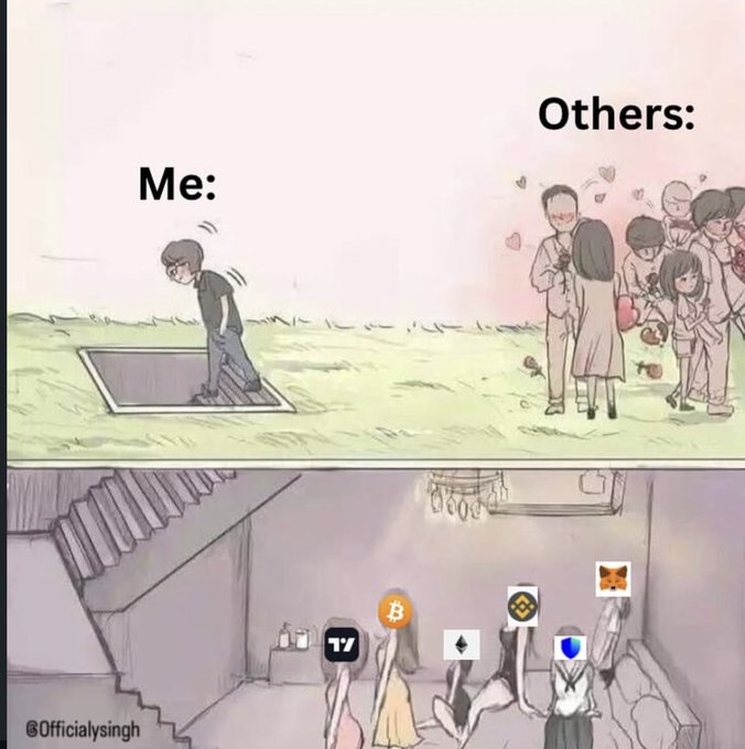 A two-panel illustration meme where the top panel shows "Me" climbing down into a hole to escape others in a romantic scene, while the bottom panel reveals the hole is filled with people holding crypto logos (Bitcoin, Ethereum, BNB, etc.), credited to @Officiallysingh.