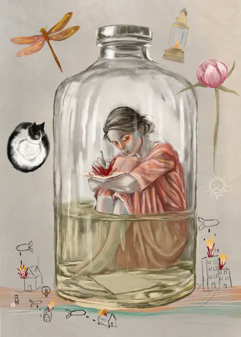 The image features an artist's illustration of a girl sitting inside a glass jar, surrounded by various objects such as a cat, a dragonfly, a flower, and a house. The painting seems to be inspired by the life of a migrant painter who is depicted in her artwork. The caption for the post reads: "✧ The World of a Migrant Painter ✧" with an image of the artist's illustration.