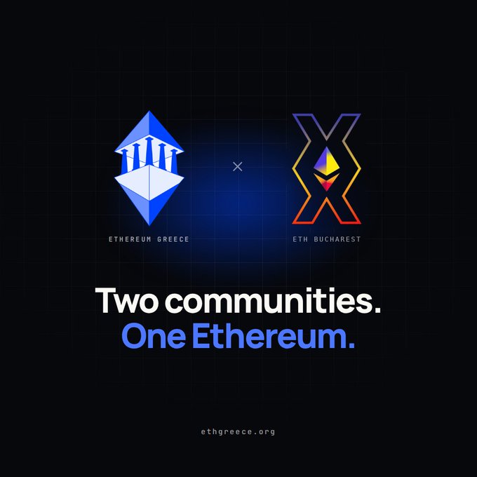 A promotional graphic for Ethereum with two logos: 'ETHEREUM GREECE' and 'ETH BUCHAREST', featuring the tagline 'Two communities. One Ethereum.' and the website 'ethgreece.org'.
