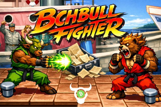 Promotional artwork for 'BCHBULL FIGHTER' depicting two anthropomorphic animals—a bull in a green martial arts uniform firing a green energy blast, and a bear in a red uniform—facing off on a dock.