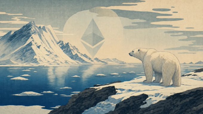 An illustration of a polar bear standing on an icy outcrop, with snow-capped peaks and a large moon/sun featuring an Ethereum logo in the background.
