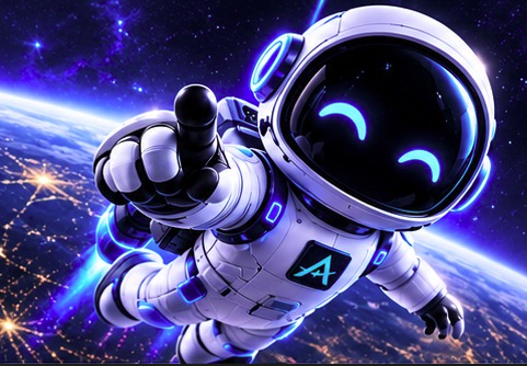 A futuristic astronaut with a glowing "AI" logo on its suit points toward the viewer while floating above Earth, symbolizing the advanced technology behind the trading bot offering pre-market videos. The cosmic backdrop and high-tech aesthetic reinforce the promise of cutting-edge, AI-powered market insights.