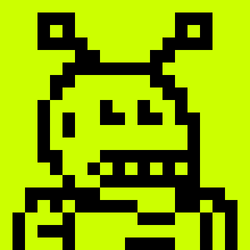 A pixelated green character with horns and a wide grin displayed on a yellow-green background.