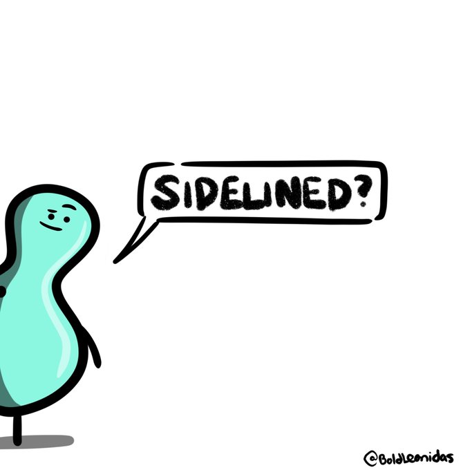 A turquoise blob character with a smug expression says "SIDELINED?" in a speech bubble, with the signature "BoldLeonidas" in the bottom right. The image humorously captures the feeling of watching a crypto pump from the sidelines while everyone else rides the wave—matching the poster's self-aware admission of missing out on a price surge alongside their quants.