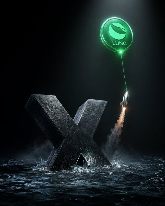 A dramatic digital artwork showing a rocket launching from dark waters beside a large stone 'X' monument, with the rocket connected by a green laser beam to a glowing green coin labeled 'LUNC' floating in the sky above.