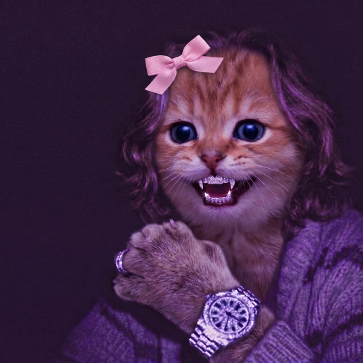 An orange kitten with long purple hair, a pink bow, diamond-encrusted grillz, and a diamond watch poses dramatically against a dark purple background.