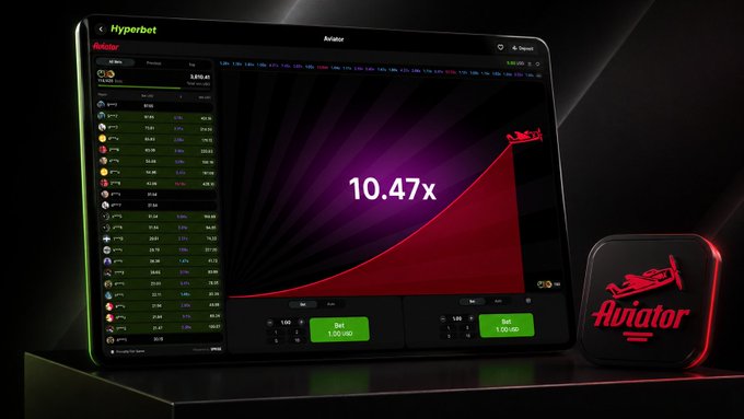 A promotional graphic for the Aviator betting game on a tablet screen showing a multiplier of 10.47x, alongside an Aviator-branded icon.