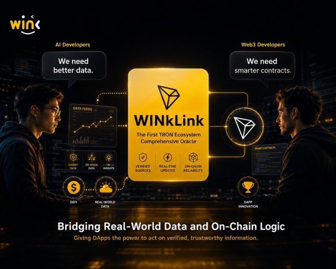 Marketing image for WINkLink, billed as 'The First TRON Ecosystem Comprehensive Oracle,' highlighting real-world data and smart contracts for AI and Web3 developers.