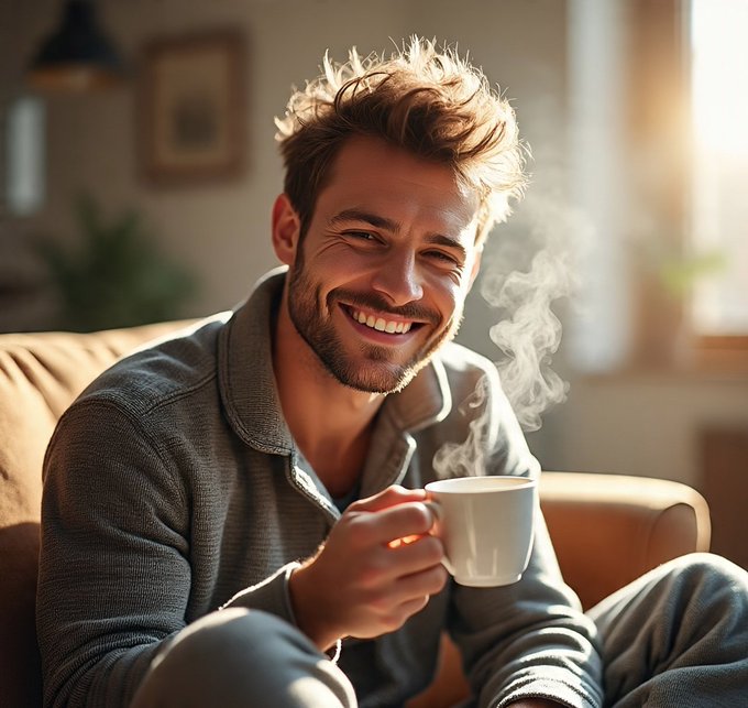 A smiling young man with tousled hair and a beard sitting on a couch, holding a steaming white mug in warm sunlight.