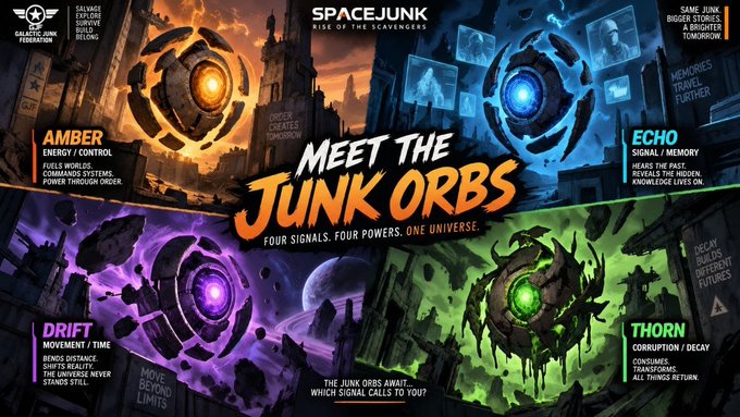 A promotional graphic for "SPACEJUNK" titled "MEET THE JUNK ORBS" showcases four orbs labeled AMBER, ECHO, DRIFT, and THORN, each with different powers.