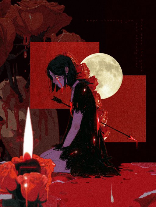 A dark, gothic illustration depicts a kneeling figure with black hair and a black dress adorned with red flowers, set against a red background with a full moon, accompanied by melting red candles and the text 'i kept choosing you over and over'.