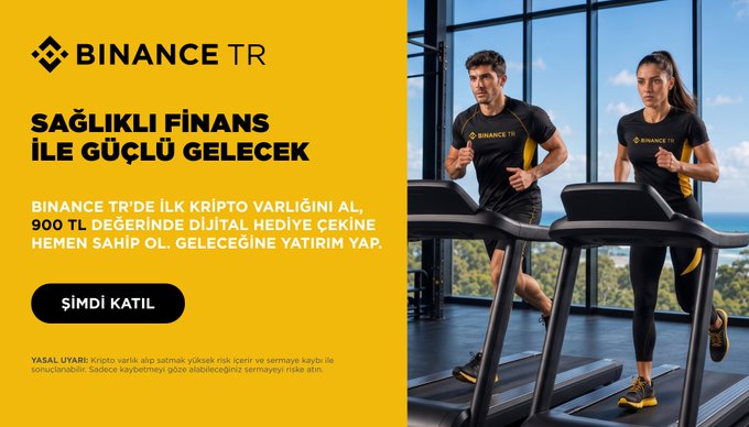 The image is a Binance TR promotional advertisement with a yellow background featuring the "BINANCE TR" logo and Turkish text reading "SAĞLIKLI FİNANS İLE GÜÇLÜ GELECEK" (Strong Future with Healthy Finance), offering a 900 TL digital gift voucher to users who make their first crypto transaction, alongside a "ŞİMDİ KATIL" (Join Now) button. On the right side, two athletes—a man and woman wearing black Binance TR athletic gear—are shown running on treadmills in a modern gym setting, visually reinforcing the campaign's theme of fitness and forward momentum tied to financial investment.