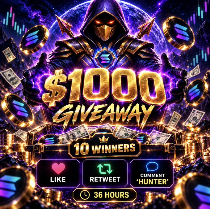A hooded, armored figure with glowing red eyes stands before a cosmic backdrop, flanked by Solana (SOL) coins and stacks of cash, heralding the bold "$1000 GIVEAWAY" with "10 WINNERS." The graphic reinforces the post's Solana giveaway promotion, displaying the three required participation steps—Like, Retweet, and Comment 'HUNTER'—alongside the 36-hour deadline.