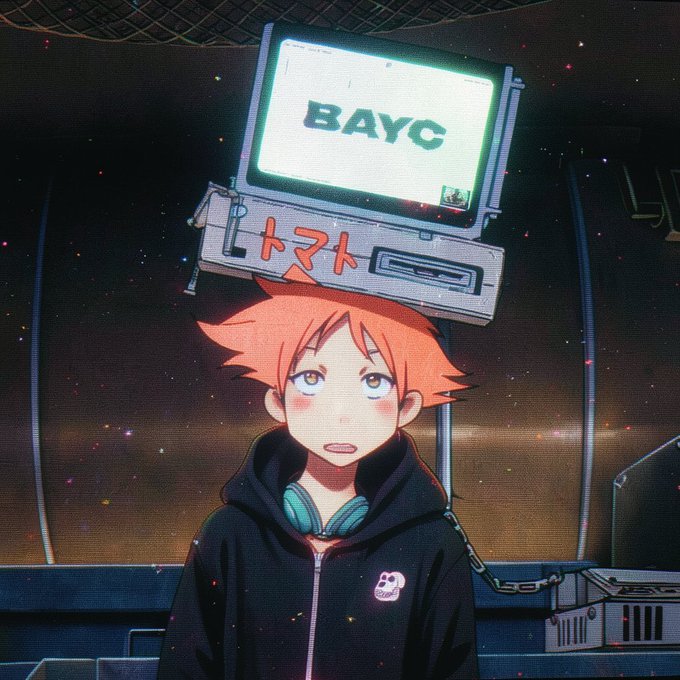 An anime-style illustration of an orange-haired character wearing a dark hoodie with headphones, standing beneath a glowing monitor displaying 'BAYC' (Bored Ape Yacht Club) text.