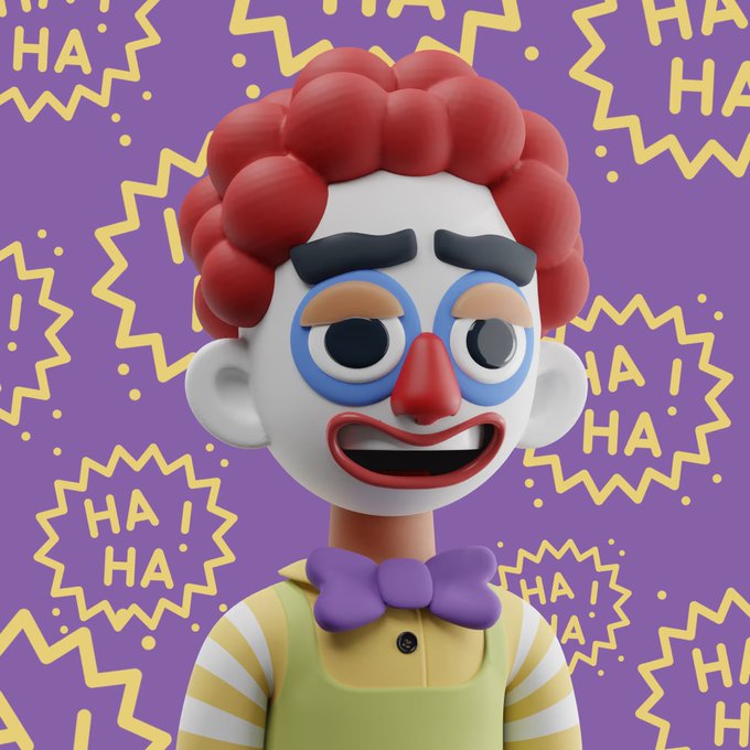 A 3D render of a clown-like character with red hair, a red nose, and a purple bow tie, set against a purple background filled with yellow 'HA HA' text graphics.