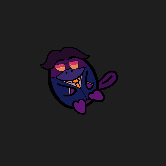 A cartoon-style illustration of a purple and blue character with sunglasses, sharp teeth, and a suit on a dark background.