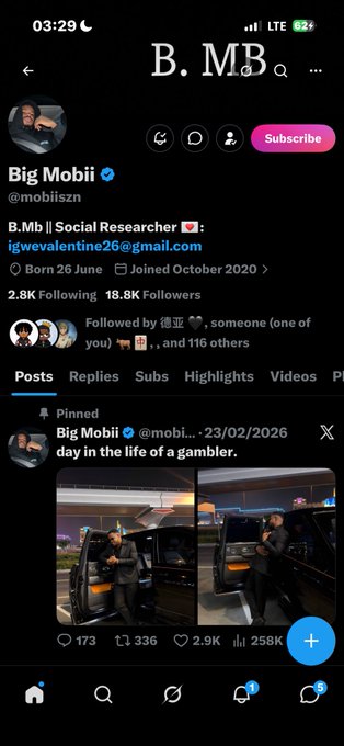 A screenshot of the X (formerly Twitter) profile for 'Big Mobi' (@mobiliszn) shows a pinned post titled 'day in the life of a gambler' featuring two photos of a person stepping out of a black vehicle, with 2.8K reposts and 2.9K likes.
