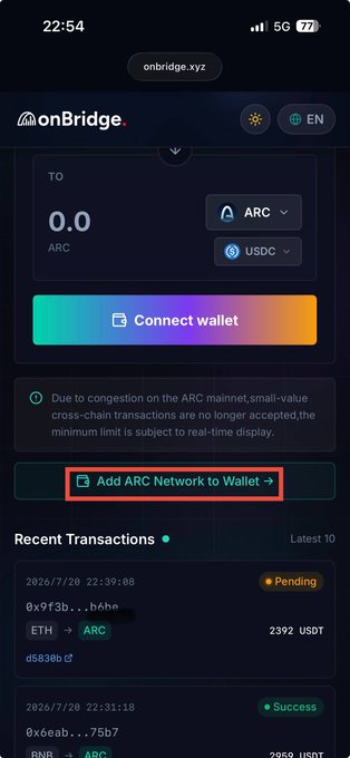 A mobile screenshot of the onbridge.xyz cryptocurrency bridge interface showing a 0.0 ARC to USDC transaction with a highlighted 'Add ARC Network to Wallet' option and recent transaction history.