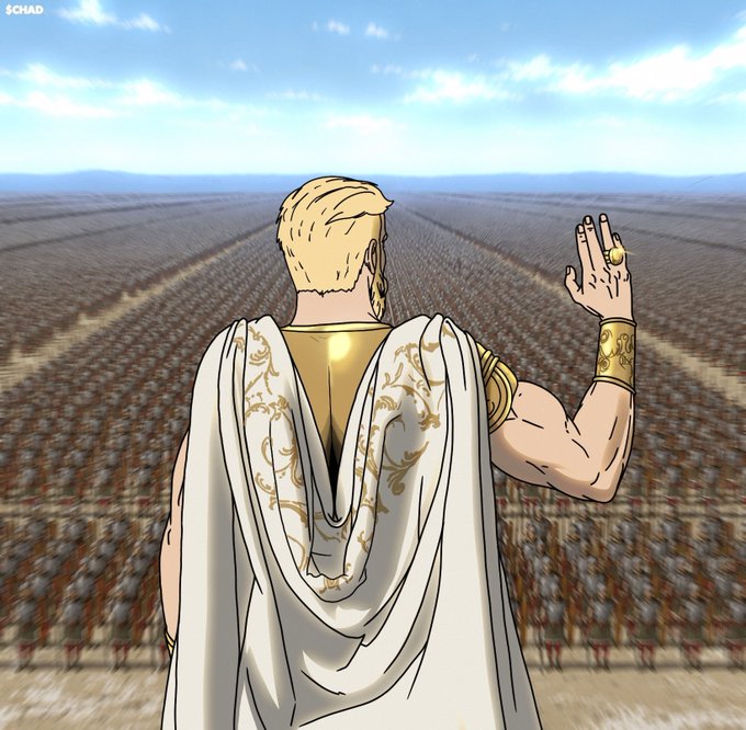 An animated illustration credited to 'SCHAD' shows a blonde, robed figure from behind, raising a hand adorned with a ring against a vast landscape of soldiers.