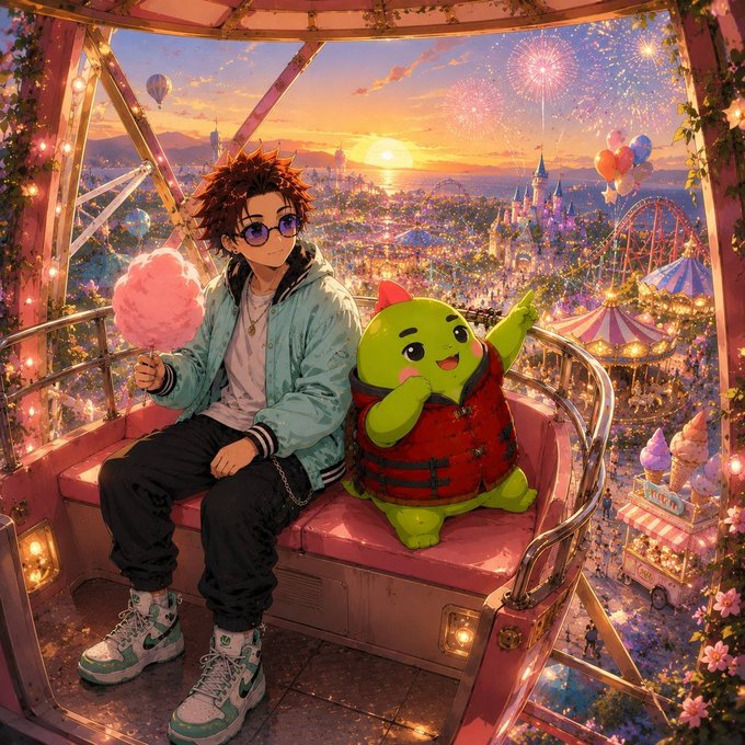 An anime-style illustration of a spiky-haired boy in a teal jacket eating cotton candy alongside a smiling green slime character in a red outfit, riding in a Ferris wheel gondola overlooking a vibrant festival with fireworks at sunset.