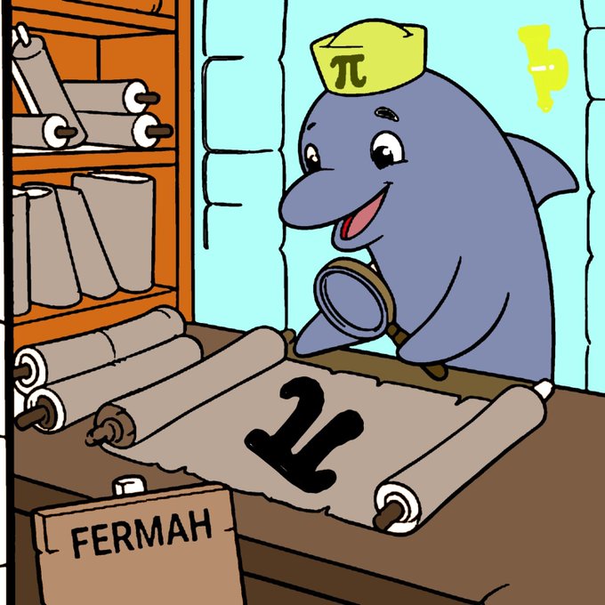 A cartoon dolphin wearing a sailor's hat marked with the pi symbol examines a scroll displaying the number 2, with a box labeled 'FERMAH' nearby.
