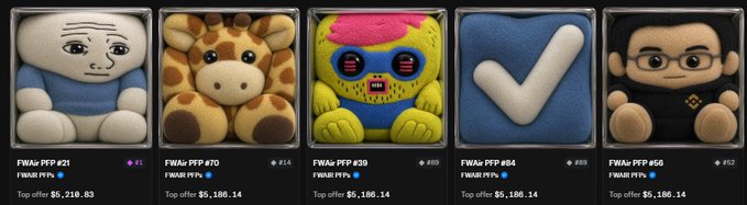 A row of five square NFT avatar collectibles labeled 'FWAs PFP' with individual numbers (#21, #70, #39, #84, #56), featuring characters like a sad potato, giraffe, luchador, checkmark, and a man with glasses, all showing top offers ranging from $5,186.03 to $5,210.03.