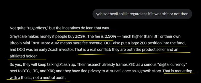 A screenshot of a social media exchange highlighting that Grayscale's Zcash Trust (ZCSH) carries a 2.50% fee, with the responder warning that Grayscale has a conflict of interest as both product seller and an early ZEC investor, framing it as marketing rather than neutral research. The post previews an anticipated October 1st rally for $ZEC based on game theory analysis.