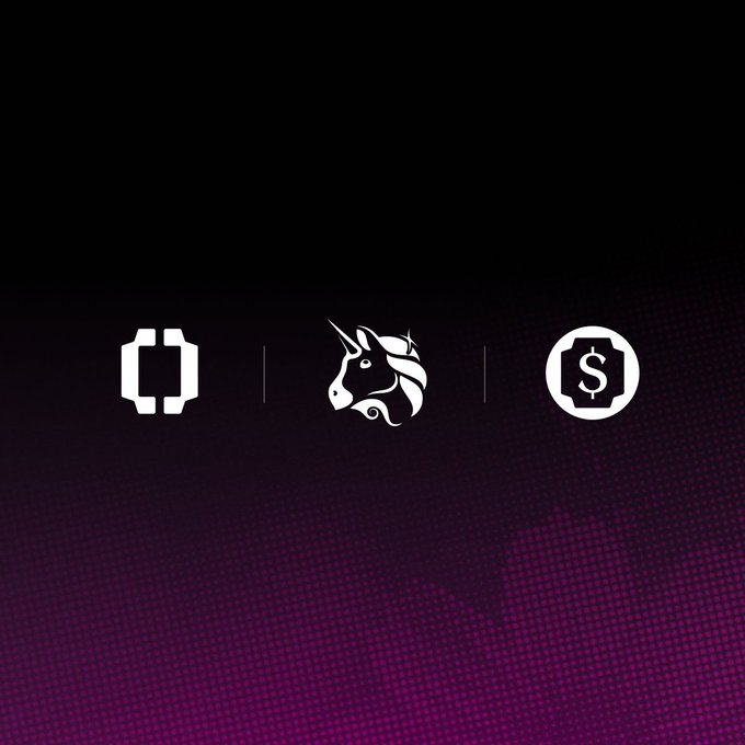 The image displays three white icons on a dark magenta dotted background: the Uniswap logo (unicorn), flanked by decorative brackets and a dollar sign symbol, visually representing the launch of OUSD stablecoin on the Uniswap platform as a key execution layer for financial transactions.