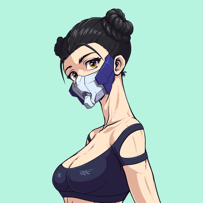 An anime-style illustration depicts a young woman with black hair styled in double buns, wearing a futuristic blue and white respirator mask and a dark crop top, set against a mint green background—embodying the post-apocalyptic, cyberpunk aesthetic referenced in the caption about surviving "under the decaying domes of The Grid." The character's masked, stylized appearance visually reinforces the futuristic faction war theme, while no text or numbers appear directly in the image itself.
