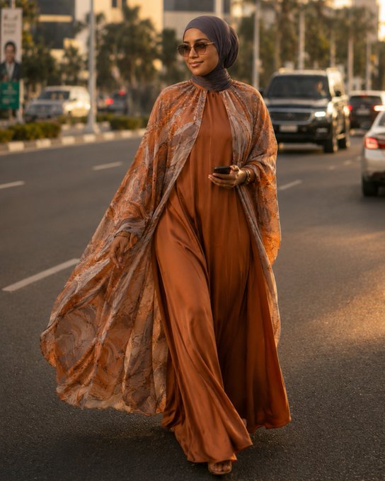 A woman wearing an elegant rust-orange flowing dress with a patterned chiffon cape and a hijab, standing on a street while holding a smartphone and wearing sunglasses.