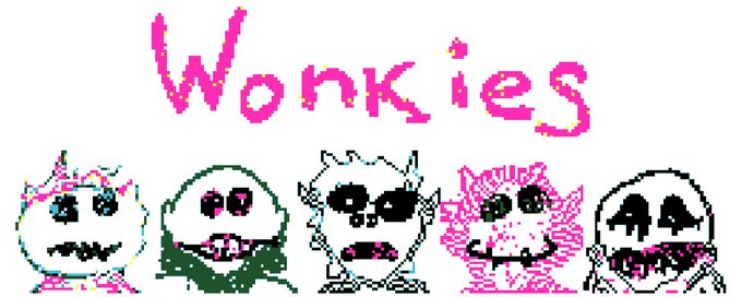Pixel art 'Wonkies' NFT collection displaying five colorful cartoon character faces beneath handwritten pink text.