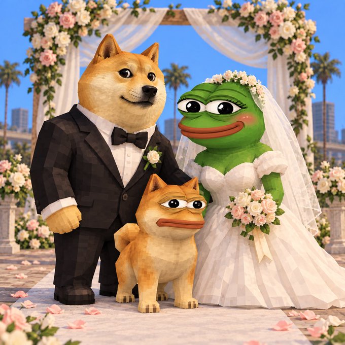 A wedding scene featuring a Dogeek in a tuxedo marrying Pepe the Frog in a wedding dress, with a smaller dogechild standing between them—visually supporting the joke that the child's wide-lipped mouth resembles his mother, Pepe.