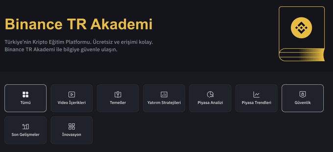 The image displays the "Binance TR Akademi" homepage, a Turkish cryptocurrency education platform featuring category icons including Video İçerikleri (Video Content), Temeller (Fundamentals), Yatırım Stratejileri (Investment Strategies), Piyasa Analizi (Market Analysis), and Güvenlik (Security). The post highlights how Binance TR has created a valuable educational resource to help crypto investors like those holding LUNC navigate challenging market periods by providing accessible learning tools to make more informed investment decisions.