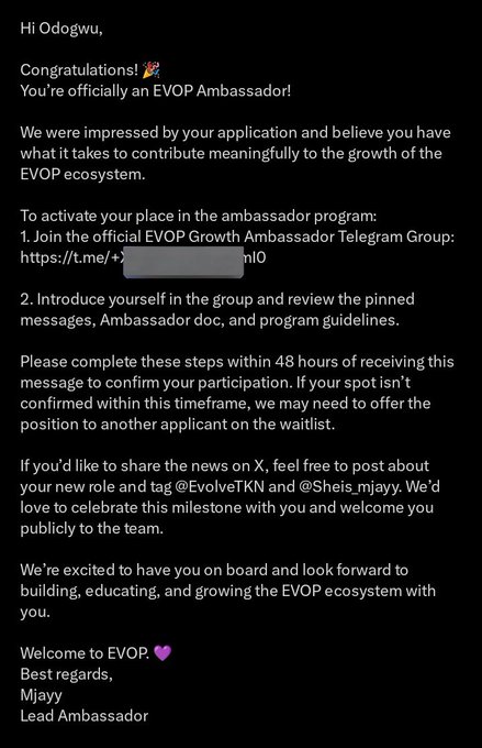 A welcome email message congratulating 'Odogwu' on becoming an EVOP Ambassador, with instructions to join a Telegram group within 48 hours, signed by 'Mjayy, Lead Ambassador'.