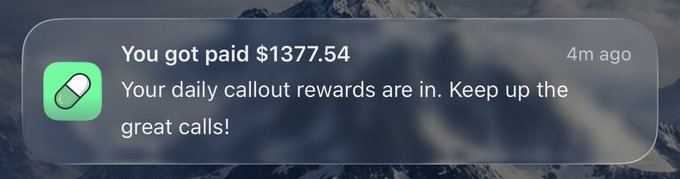 A smartphone notification shows a payout of $1377.54 from the Daily Callout rewards, received 4 minutes ago. The image supports the post's claim about earning substantial monthly income through calling crypto projects on the PF app.