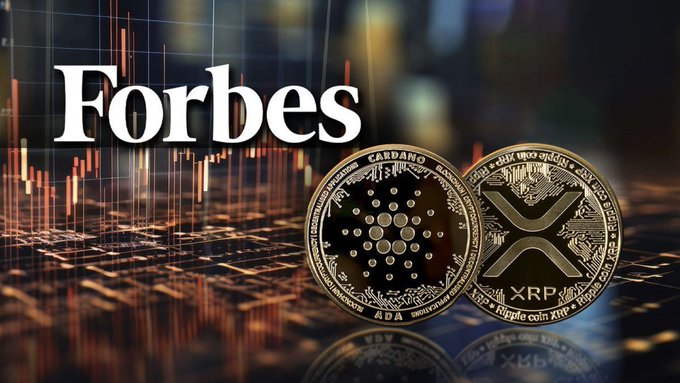 A promotional graphic features the Forbes logo alongside physical representations of Cardano (ADA) and XRP coins set against a backdrop of a red and orange financial chart with candlestick patterns. The imagery visually reinforces the accompanying claim that Forbes predicts XRP could surge to $200–400 in the near term, lending a sense of mainstream financial credibility to the bullish price prediction.