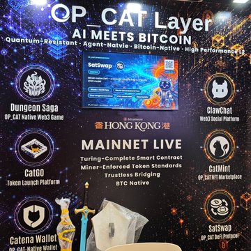 A trade show booth display for 'OP_CAT Layer - AI MEETS BITCOIN' promoting their Hong Kong Mainnet Live launch, featuring ecosystem products like Dungeon Saga, ClawChat, Cat60, CatMint, Catena Wallet, and SatSwap.