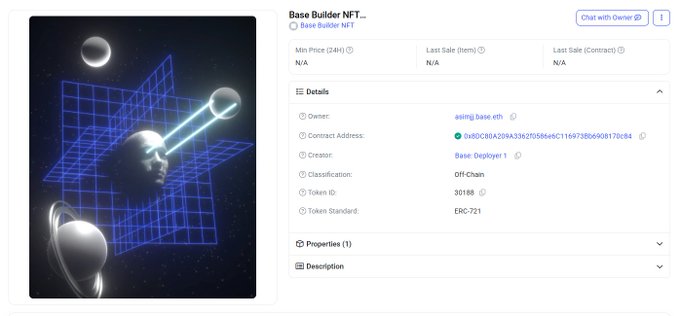The image displays the OpenSea listing for the official "Base Builder NFT" (Token ID: 35188), an ERC-721 token classified as "Off-Chain" with contract address 0x8DC0BA259A33b270594eeC1169738ce908170c84, showing N/A for its 24-hour price, last sale in ETH, and last sale in ComETH. The post highlights this NFT as a relic from the Base Mainnet launch era, suggesting its 252K holders may receive future recognition from the Base ecosystem.