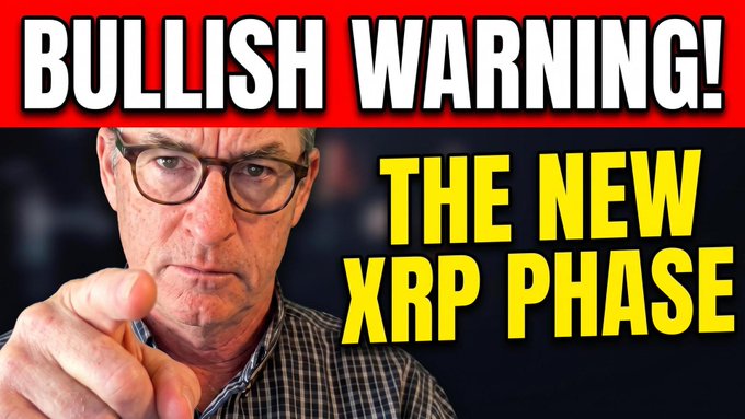 A YouTube-style thumbnail with bold red and yellow text reading 'BULLISH WARNING! THE NEW XRP PHASE' featuring a man with glasses pointing at the camera.