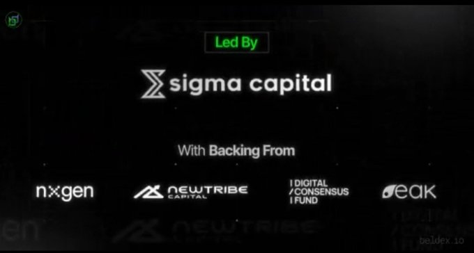 A dark screen displaying 'Led By Sigma Capital' with backing from n>gen, NewTribe Capital, Digital Consensus Fund, and Peak, with a 'beldex.io' watermark in the corner.