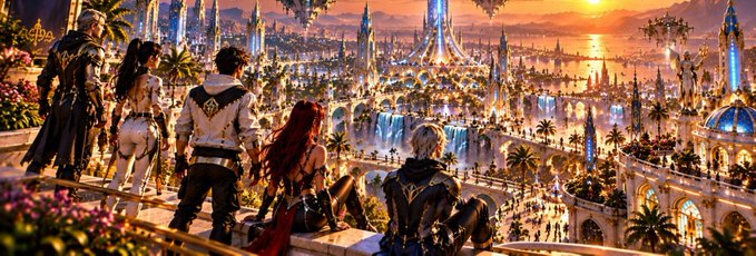 A panoramic fantasy artwork from Final Fantasy depicting a group of adventurers overlooking an elaborate golden city with spires, waterfalls, and gardens at sunset.