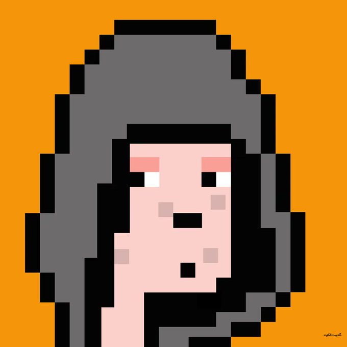A pixel art portrait of a woman with dark hair and grayish tones against an orange background.