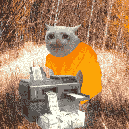 A grey cat with a slight smile sits in a grassy field wearing an orange shirt, operating a printer that spits out stacks of cash—fittingly dubbed "CashCat" in its money-making element.