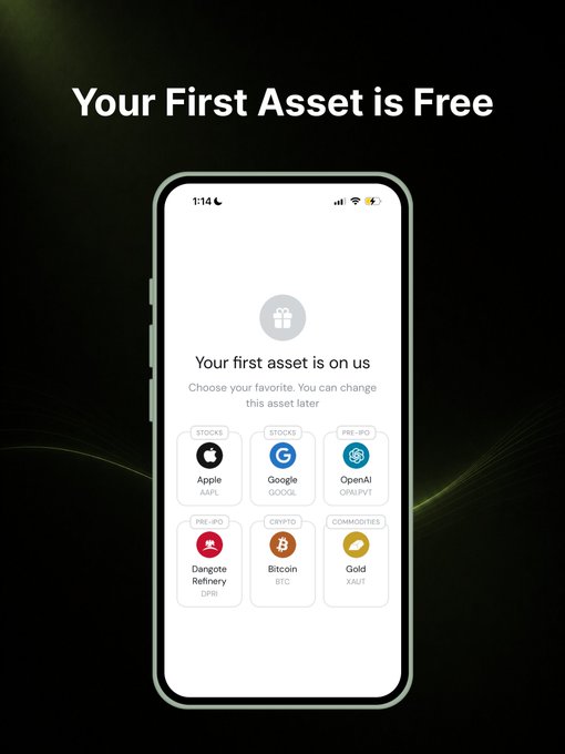 A mobile app advertisement reads 'Your First Asset is Free' at the top, displaying a phone screen with the message 'Your first asset is on us' and six asset options including Apple (AAPL), Google (GOOGL), OpenAI, Danote Refinery (DNO), Bitcoin (BTC), and Gold (XAU).