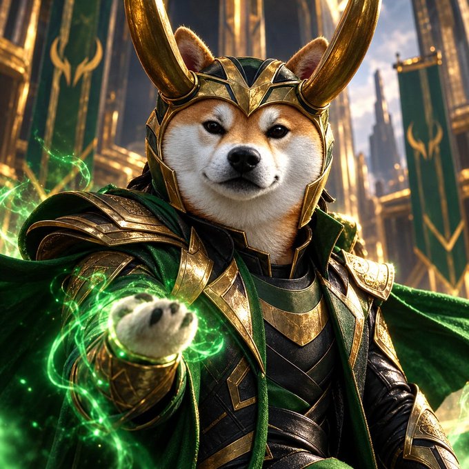 A Shiba Inu dog is dressed in elaborate Loki-style gold and green armor with a horned helmet, conjuring green magical energy from its paw in a cinematic fantasy setting.