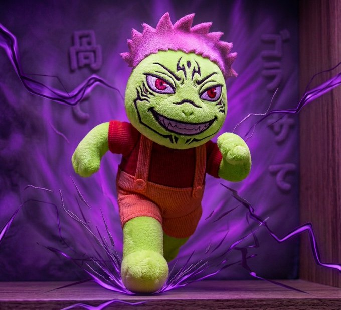 A green plush-like doll with pink hair, a sinister grin, and red overalls runs forward amid purple lightning effects.