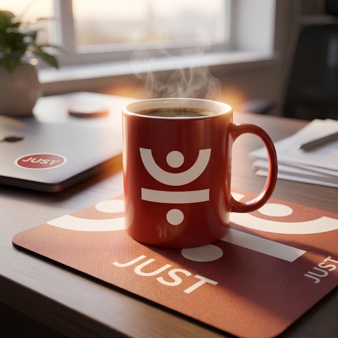 A red ceramic mug with a white smiley face design branded with 'JUST' logo, sitting on a matching mouse pad next to a laptop with a JUST sticker, with steam rising from the coffee inside.