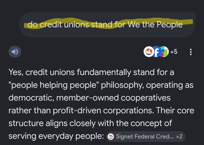 A search query 'do credit unions stand for We the People' with a highlighted portion, and an AI-generated response explaining that credit unions operate as democratic, member-owned cooperatives serving everyday people.